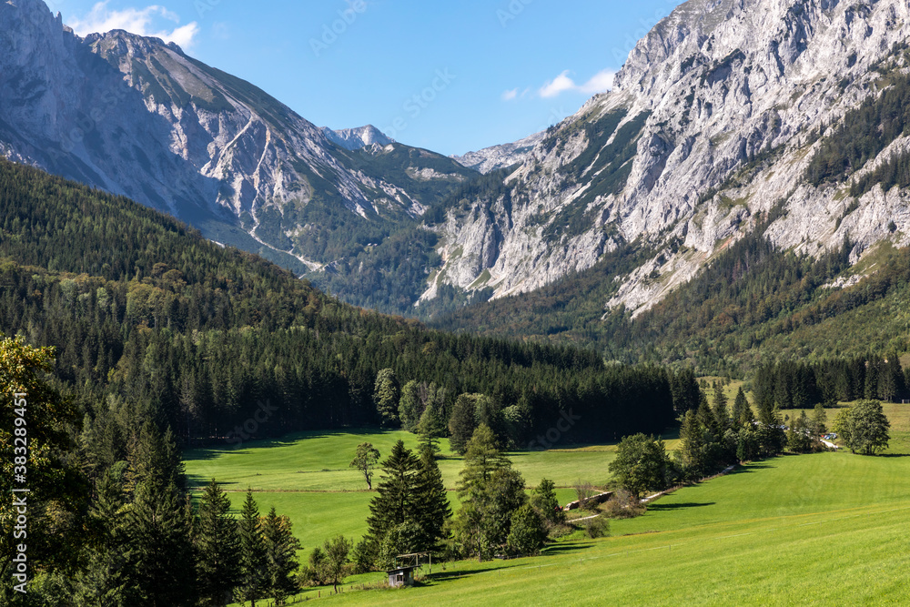 mountain range Hochschwab with peak Aflenzer Staritzen, seen from Seewiesen, Styria,Austria