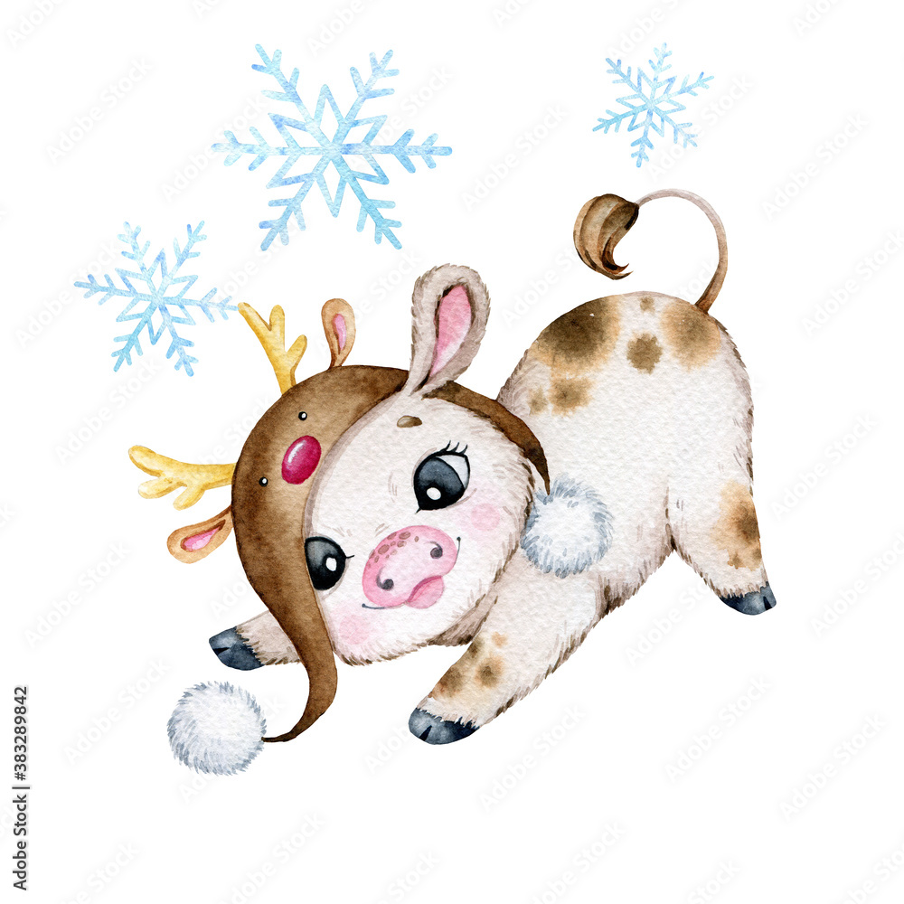 Naklejka premium Watercolor Christmas illustration, Cute Little Bull