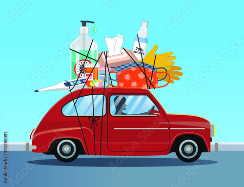 A Car carry COVID-19 essential items for travel.
Essentials items to carry for travel during coronavirus pandemic.
Important items for safety and healthy trip.