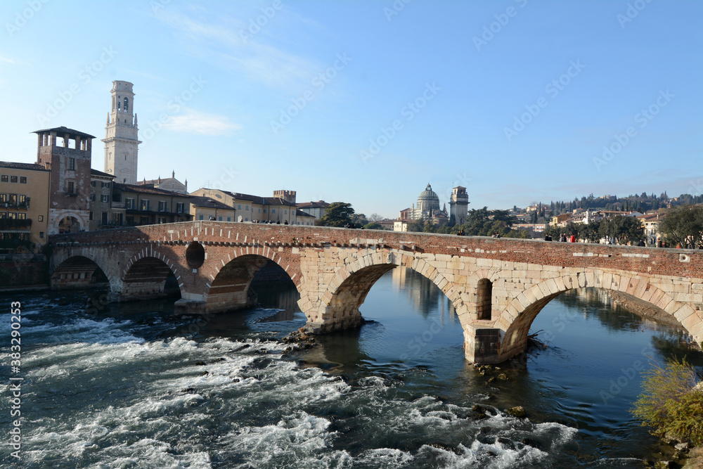 Verona is one of the most romantic cities in Italy. From the Adige river you can see the hill and cross the Stone bridge, one of the oldest in Veneto.