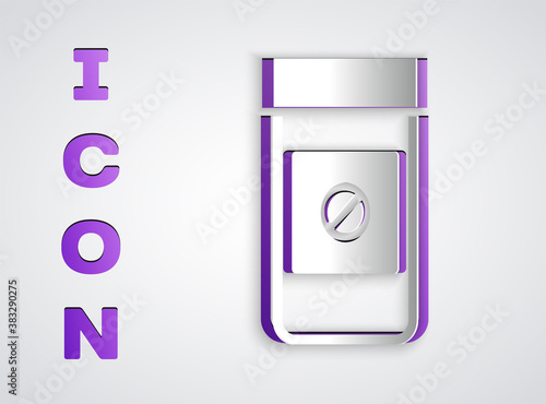 Paper cut Sports doping, anabolic drugs icon isolated on grey background. Anabolic steroids tablet. Pills in jar. Paper art style. Vector.