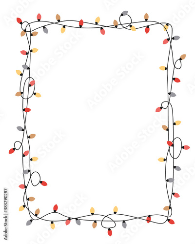 Xmas light bulbs frame, vertical rectangle shape. Simple but cute Christmas hand drawn frame. Vector illustration