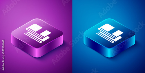 Isometric Towel stack icon isolated on blue and purple background. Square button. Vector.