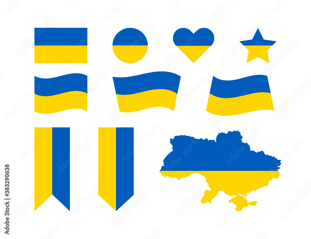 Obraz premium Ukraine flag and map isolated vector illustration signs set. Patriotic ribbon for national banner