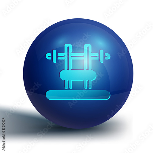 Blue Bench with barbel icon isolated on white background. Gym equipment. Bodybuilding, powerlifting, fitness concept. Blue circle button. Vector.