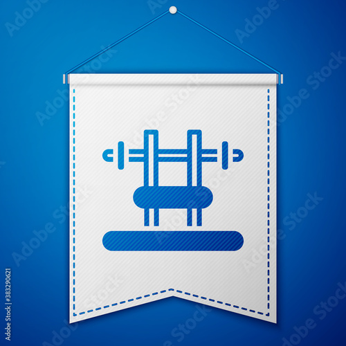 Blue Bench with barbel icon isolated on blue background. Gym equipment. Bodybuilding, powerlifting, fitness concept. White pennant template. Vector.