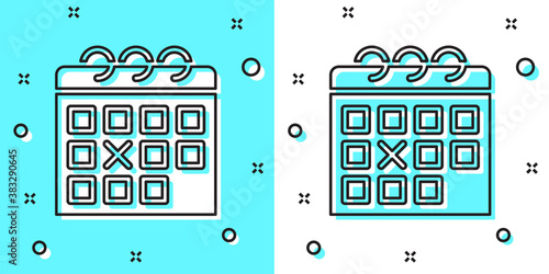 Black line Calendar fitness icon isolated on green and white background. Training schedule. Random dynamic shapes. Vector.