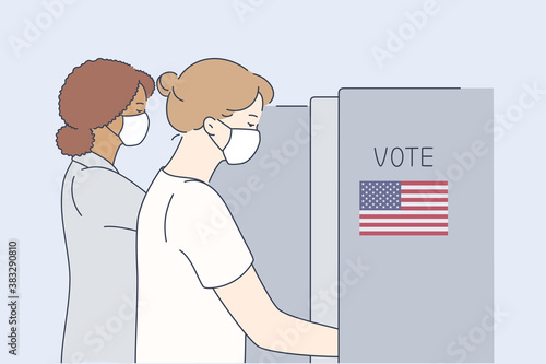 Politics, election, usa, voting, coronavirus concept. United States of America elections 2020. Women filling in ballots and casting votes at polling station with US flag on wall on booth illustration.