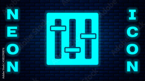 Glowing neon Sound mixer controller icon isolated on brick wall background. Dj equipment slider buttons. Mixing console. Vector.