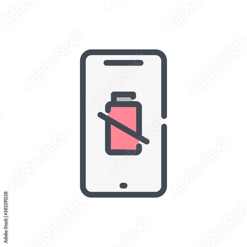 Mobile phone with battery problem color line icon. Smartphone with dead battery vector outline colorful sign.