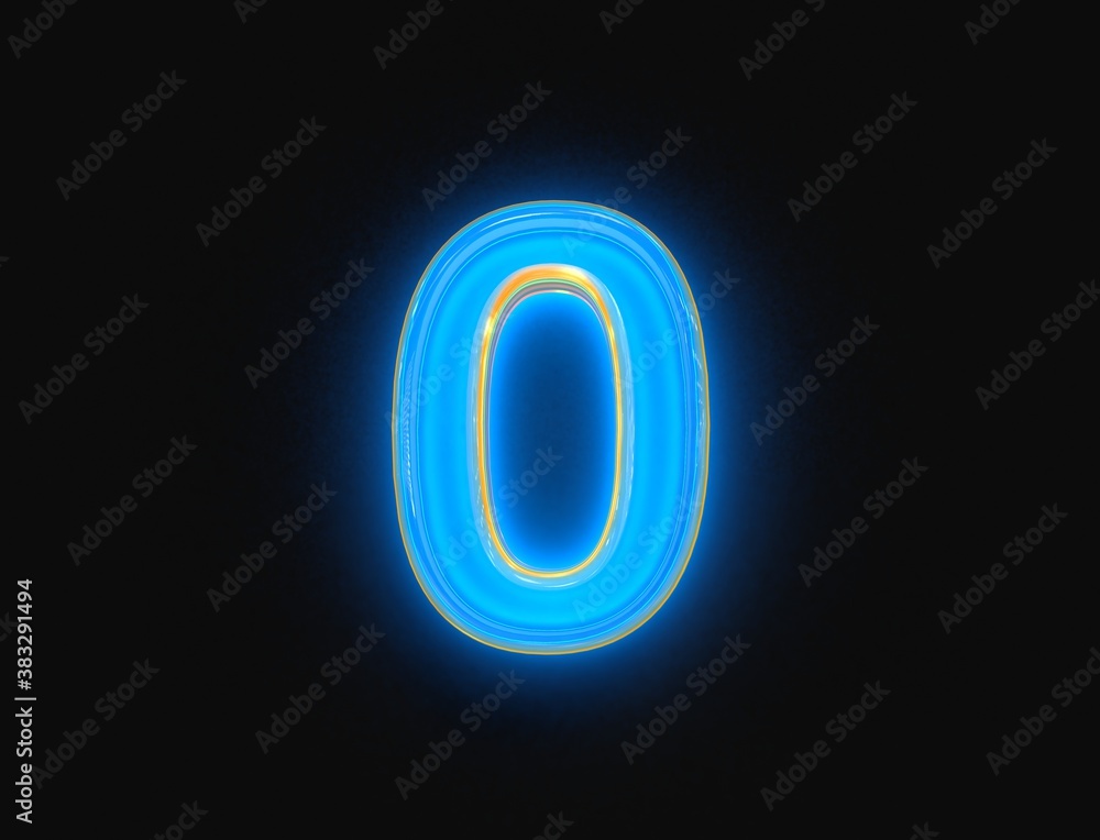 Blue and orange shine neon light glow crystal reflective font - number 0 isolated on dark background, 3D illustration of symbols Blue and orange shine neon light glow crystal reflective font - number 0 isolated on dark background, 3D illustration of symbols