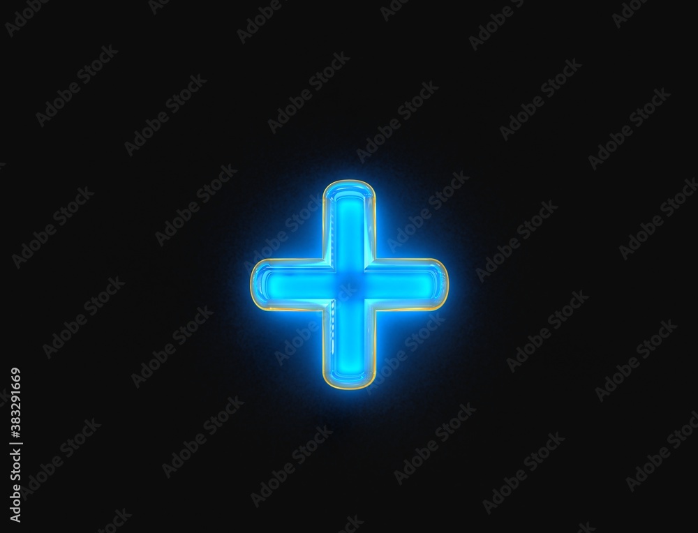 Blue and yellow glossy neon light glow crystal reflective font - plus isolated on dark, 3D illustration of symbols Blue and yellow glossy neon light glow crystal reflective font - plus isolated on dark, 3D illustration of symbols
