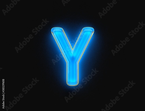 Blue and orange polished neon light glow transparent glass made alphabet - letter Y isolated on dark background, 3D illustration of symbols