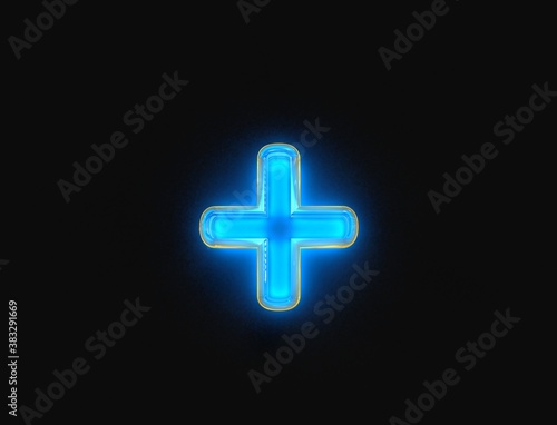 Blue and yellow glossy neon light glow crystal reflective font - plus isolated on dark, 3D illustration of symbols