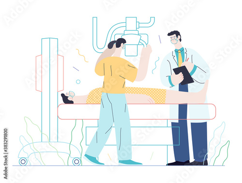 Medical tests template - x-ray test - modern flat vector concept digital illustration of x-ray procedure - a patient and doctors with a x-ray machine, medical office or laboratory