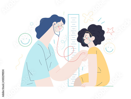Pediatrics - medical insurance -modern flat vector concept digital illustration - female pediatrician carrying out the auscultation of a little girl with a stethoscope, medical office or laboratory