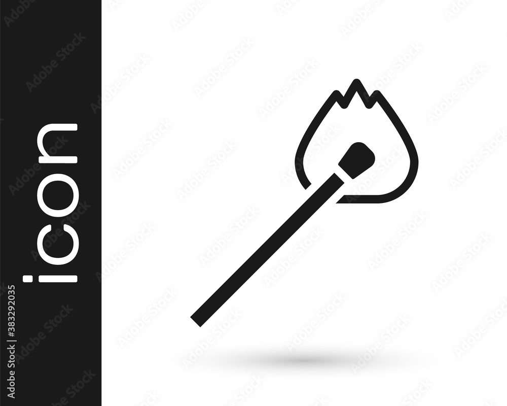 Black Burning match with fire icon isolated on white background. Match with fire. Matches sign. Vector. Black Burning match with fire icon isolated on white background. Match with fire. Matches sign. Vector.
