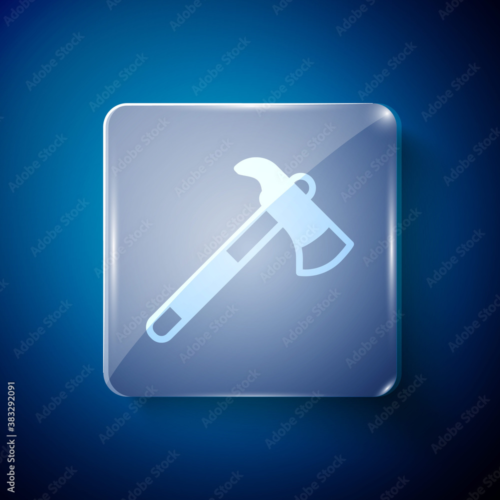 White Firefighter axe icon isolated on blue background. Fire axe. Square glass panels. Vector. White Firefighter axe icon isolated on blue background. Fire axe. Square glass panels. Vector.
