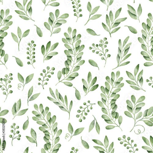 Green leaves seamless pattern. Botanical illustration. Textile or wallpaper print.