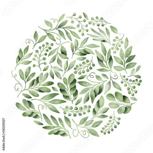 Green leaves arranged in circle shape. Botanical illustration. Invitation and greeting card template.