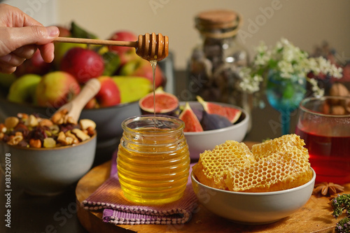 Honey, Honeycomb, Tea, Dried Fruits and Figs
