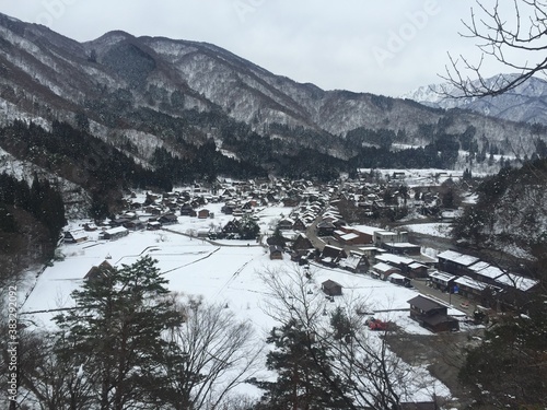 the landscape of Shirakawa village in winter