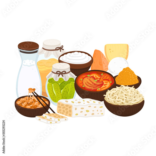 Vector probiotic foods. Best sources of probiotics. Beneficial bacteria improve health. Design is for label, brochure, menu, poster, advertising banner, article about diets, healthy proper nutrition