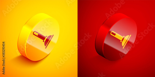 Isometric Rubber plunger with wooden handle for pipe cleaning icon isolated on orange and red background. Toilet plunger. Circle button. Vector.