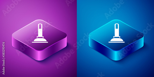 Isometric Rubber plunger with wooden handle for pipe cleaning icon isolated on blue and purple background. Toilet plunger. Square button. Vector.