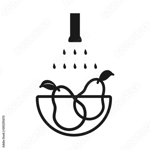 Washing food icon. Vector outline, black stroke illustration, white background. Antivirus protection, disinfection of fruits