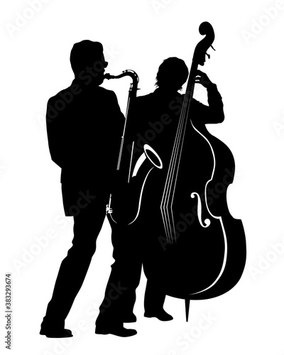 Saxophonist and double bass player play jazz. Isolated silhouettes on white background