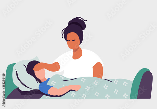 Ill child lies on bed under blanket. Sick girl kid caught cold, got flu, grippe symptoms, coronavirus. At home with mum. Flat vector illustration

