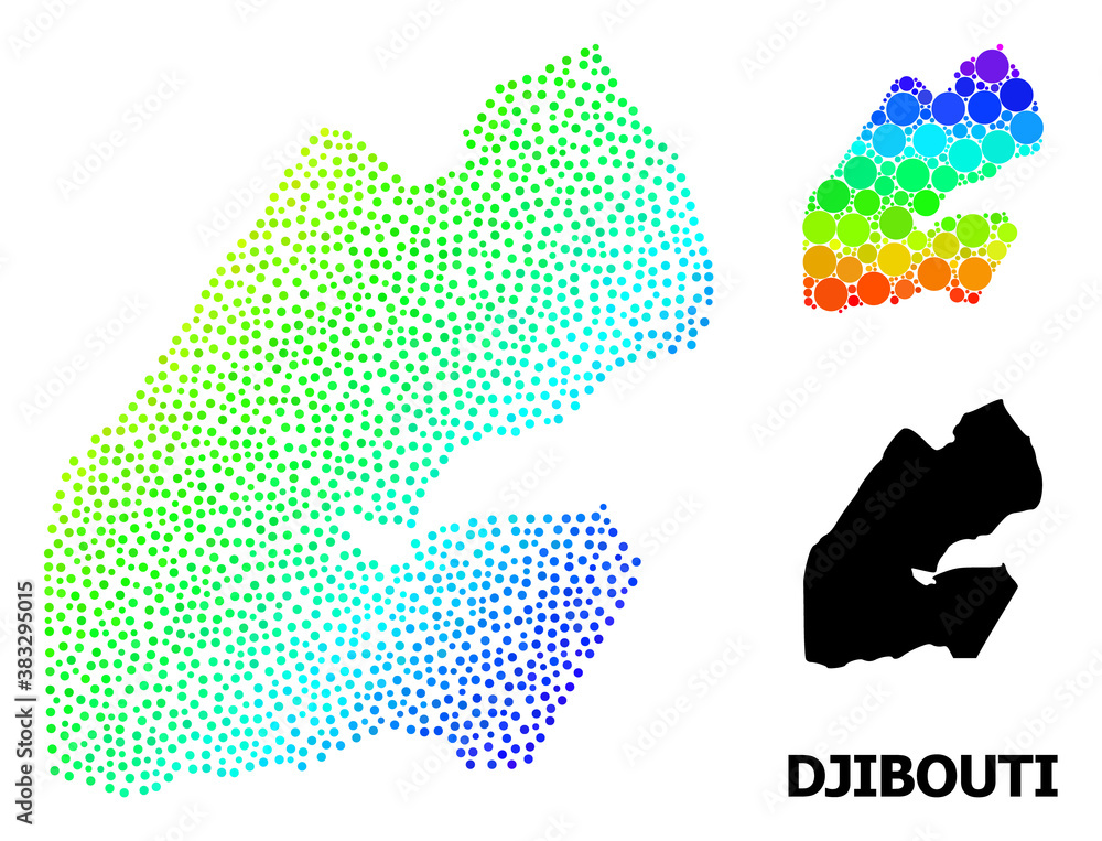 Pixelated bright spectral, and monochrome map of Djibouti, and black tag. Vector structure is created from map of Djibouti with circles. Illustration is useful for political aims.