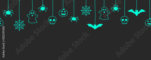 Happy Halloween seamless banner or border with bats, spider web, ghost  and pumpkins. Vector illustration party invitation black background