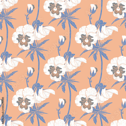White floral seamless pattern with hand drawn pansy flowers on pink background. Stock vector illustration.