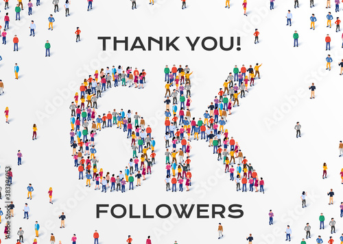 6K Followers. Group of business people are gathered together in the shape of 6000 word, for web page, banner, presentation, social media, Crowd of little people. Teamwork. Vector illustration