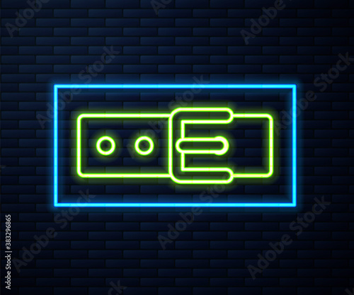 Glowing neon line Collar with name tag icon isolated on brick wall background. Simple supplies for domestic animal. Cat and dog care. Pet chains. Vector.