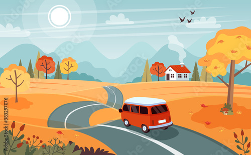 Autumn trip. Landscape with a cute van on the road. illustration in flat style