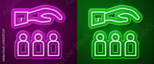 Glowing neon line Boss with employee icon isolated on purple and green background. Vector.