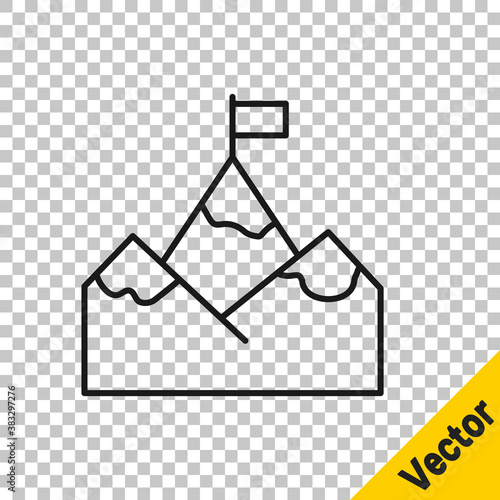 Black line Mountains with flag on top icon isolated on transparent background. Symbol of victory or success concept. Goal achievement. Vector.