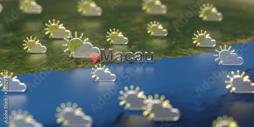 Macau city and partly cloudy weather icon on the map, weather forecast related 3D rendering