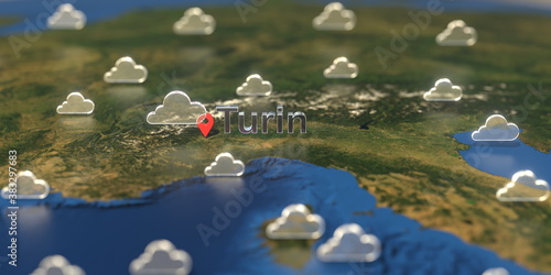Cloudy weather icons near Turin city on the map, weather forecast related 3D rendering