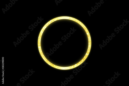 Golden frame with lights effects. Shining circle banner. Isolated on black background. Vector illustration