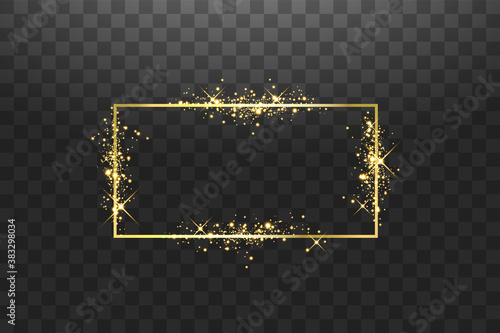 Golden frame with lights effects. Shining rectangle banner. Isolated on black background. Vector illustration