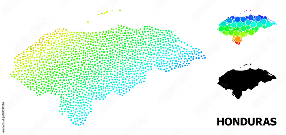 Pixelated spectral, and solid map of Honduras, and black text. Vector model is created from map of Honduras with circles. Illustration designed for political purposes. Bright gradient map of Honduras,