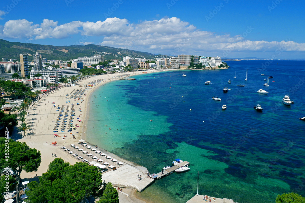 Magaluf Beach and Bay, Calvia, Mallorca, Mediterranean Sea, Balearic Islands, Spain.