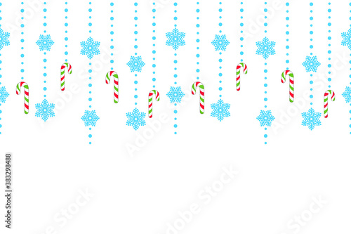 Christmas and New Year background with hanging candy canes, blue snowflakes and beads. Vector seamless border for festive design, Christmas wallpaper, poster, banner, greeting card, packaging, wrapper