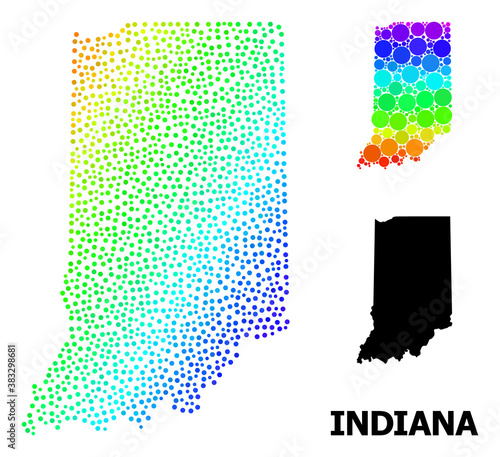 Pixelated rainbow gradient, and monochrome map of Indiana State, and black name. Vector model is created from map of Indiana State with round dots. Illustration is useful for political posters.