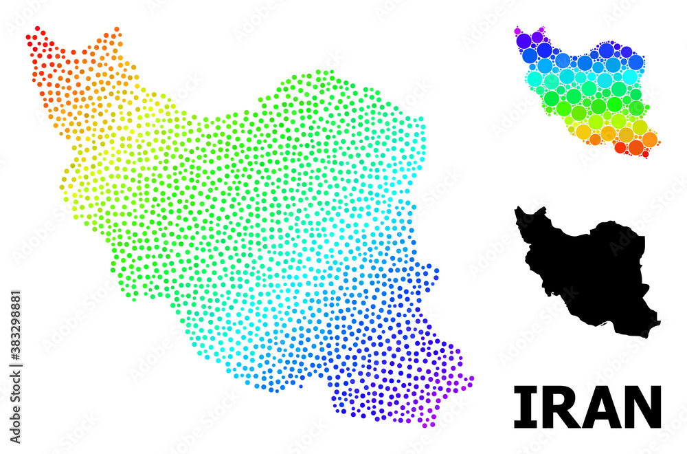 Dotted spectral, and monochrome map of Iran, and black name. Vector structure is created from map of Iran with circles. Abstraction is useful for political purposes. Spectral gradient map of Iran,