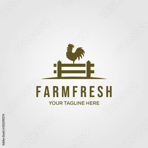 chicken farm logo vector illustration design, rooster on fence logo design
